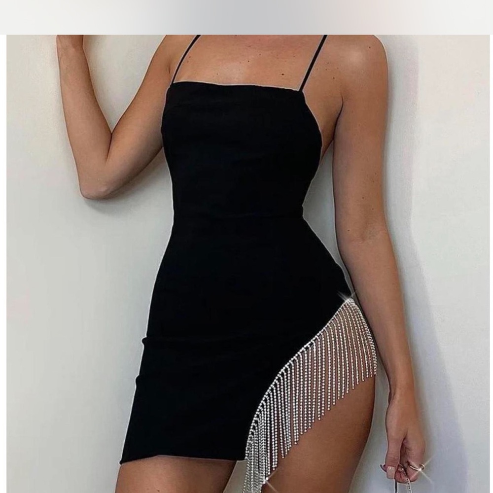 White Fox Boutique Black Mini Dress with Silver Crystal Fringe